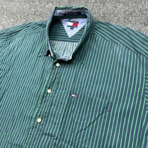 Tommy Hilfiger Mens Size XL Button Down Short Sleeve Blue Green Shirt Vintage